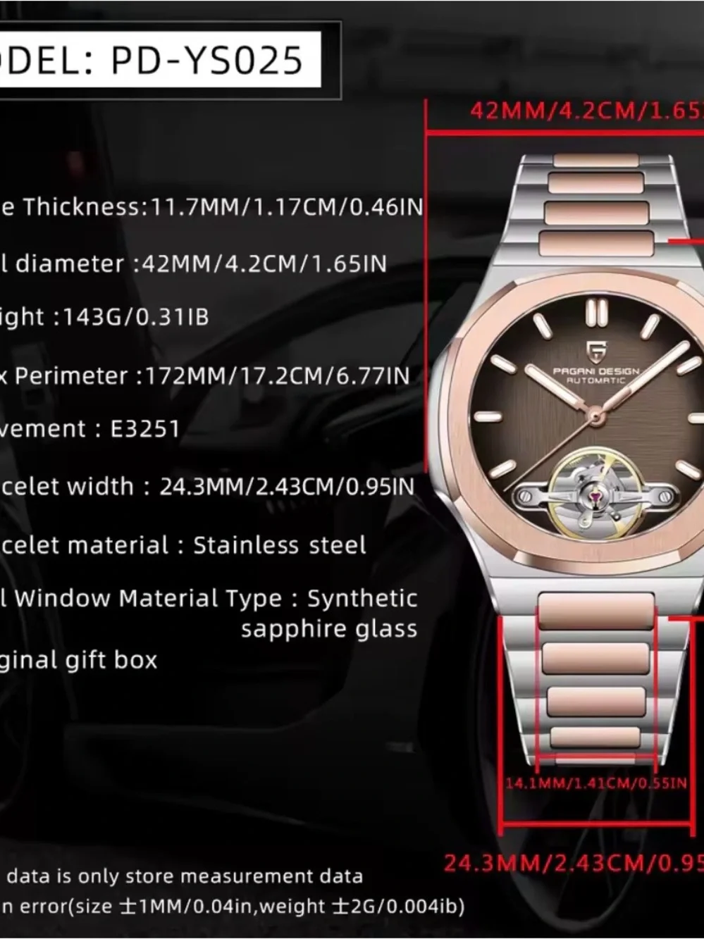 Pagani Design YS025 Men's Automatic 42mm Black Dial Sapphire Steel Gold Bracelet